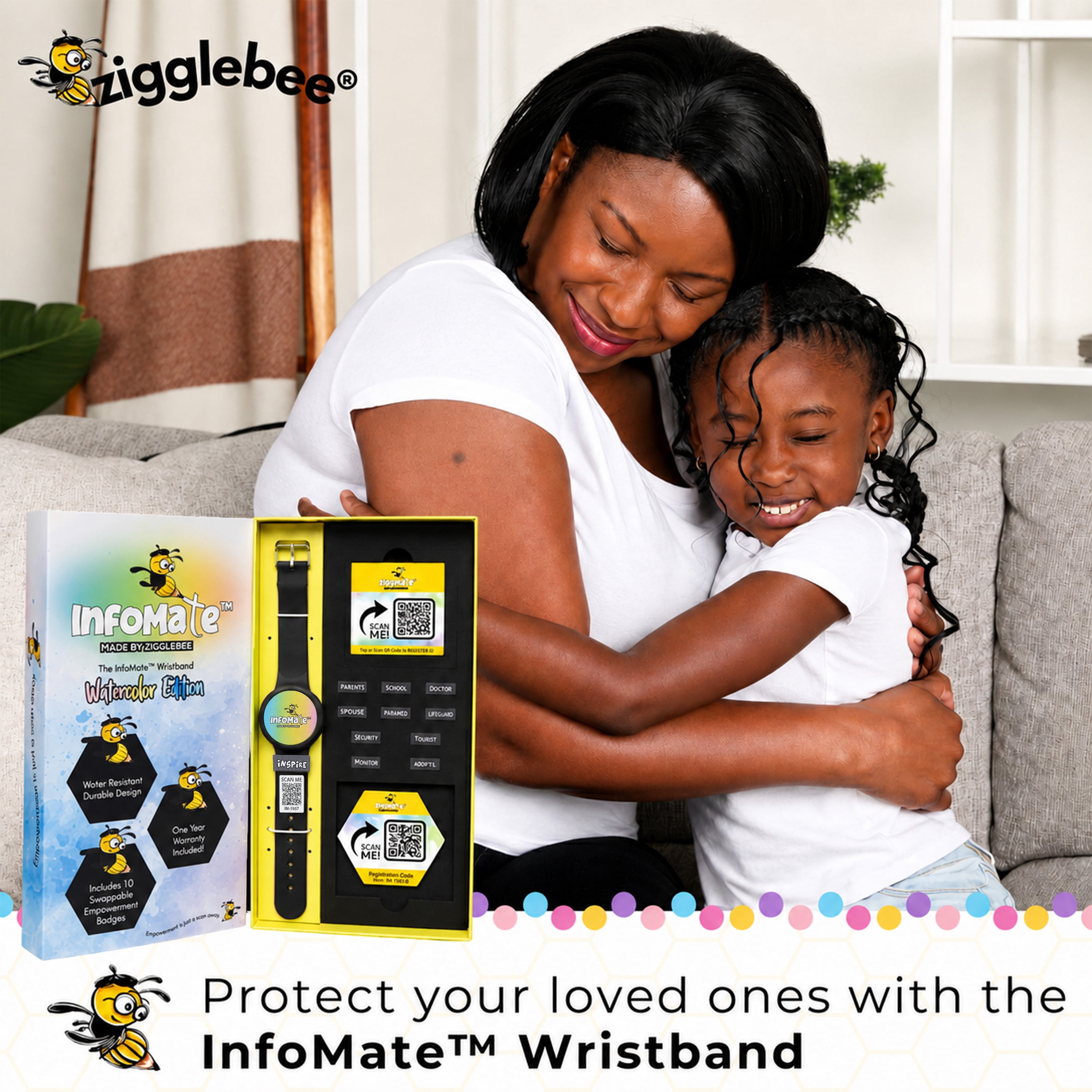 InfoMate by Zigglebee QR Code Medical Bracelet and AirTag Holder Wristband, Midnight Black, Pin Buckle