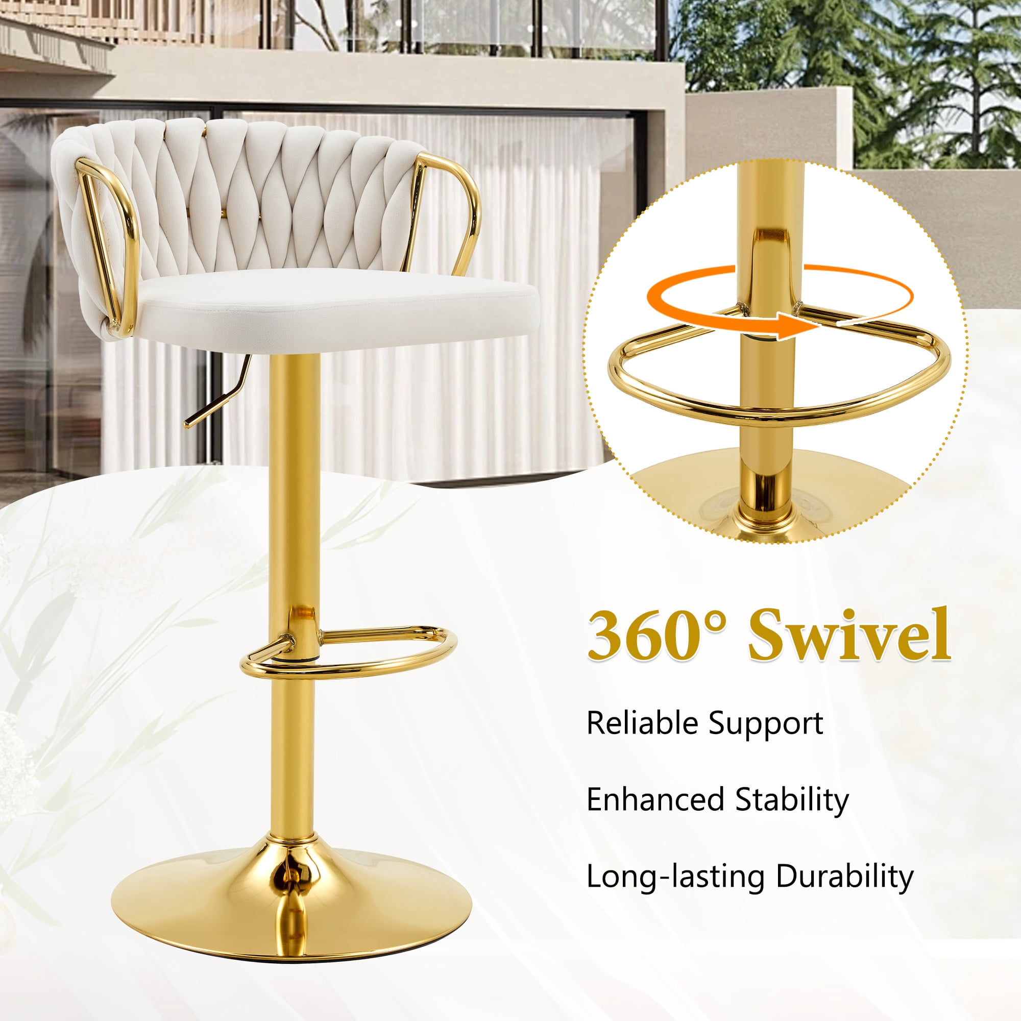 Alvantor Adjustable Bar Stools Set of 2 Modern Velvet Braided Swivel Bar Stools Counter Height Bar Chairs for Kitchen Island Beige