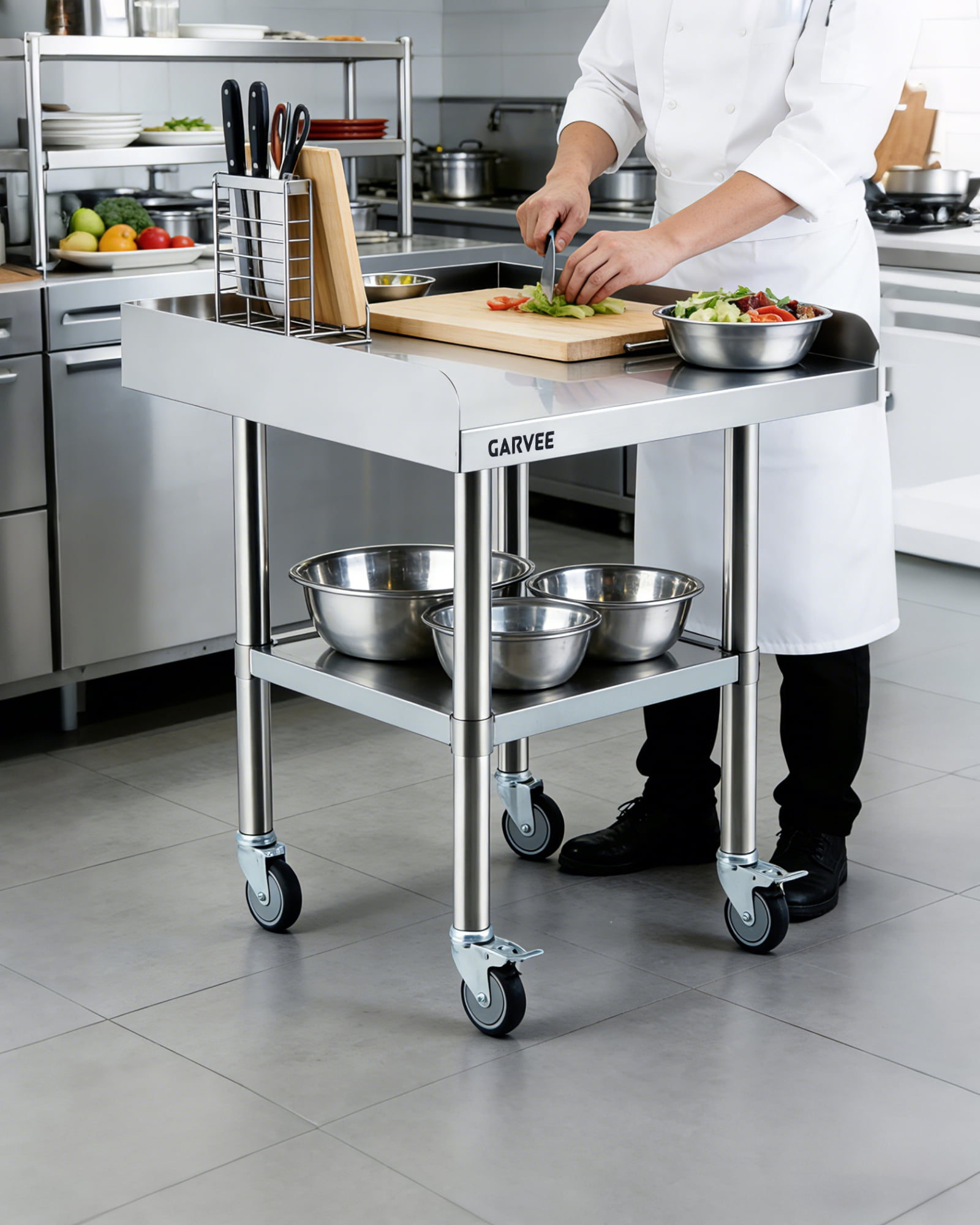 Stainless Steel Work Table, with 3-Sided Backsplash & Wheels, Height-Adjustable Undershelf,Prep Commercial Table for Restaurant, Hotel, Home and Warehouse, 24x36inch