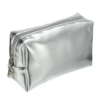 Unique Bargains Small Portable Travel Cosmetic Bag Women Zipper PU Leather Makeup Bag Suitable for Lipstick Silver Tone