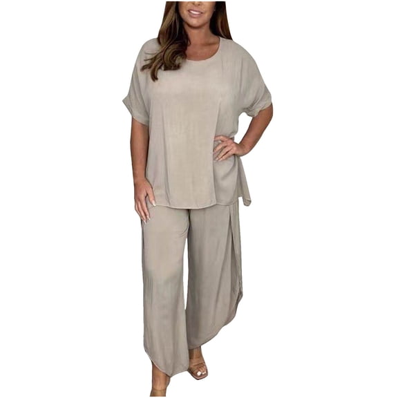 HAPIMO Women's Workout Sets Daily Tracksuit Outfits 2 Piece Solid Cotton Spring Holiday Fall Short Sleeve Round Neck Tops Elastic Waist Pants LoungeWear Casual Comfy Beige S