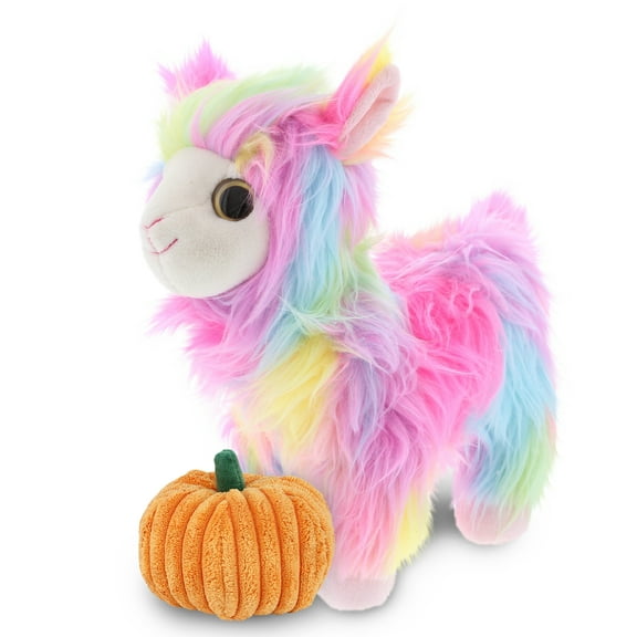 DolliBu Super Soft Plush Rainbow Llama Stuffed Animal with Pumpkin Decor - Pumpkin Plush Animal for Fall, Halloween and Thanksgiving, Pumpkin Toy for Baby, Kids, Adults - 10 Inches
