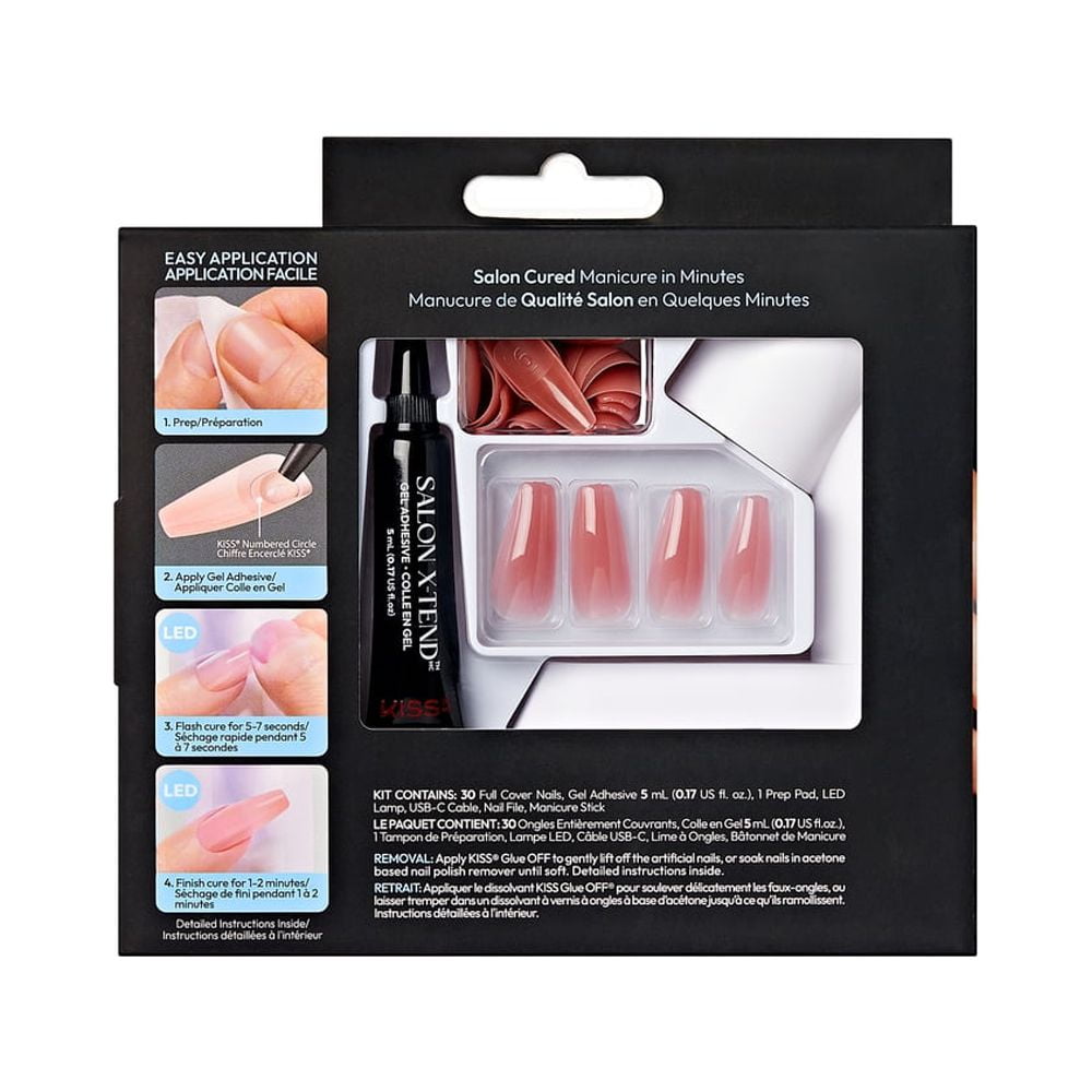 Kiss Salon X-tend LED Gel Nail Kit, 'Tone', Pink, Long Coffin, 30 Press On Nails