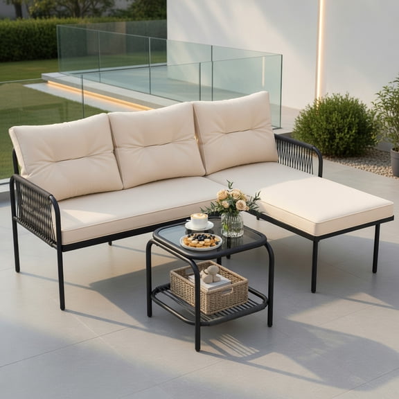 GVN Backyard Furniture Sets,Outdoor Furniture Sets,3-Piece L Shaped Patio Furniture Set PE Rattan Sectional Sofas-Beige