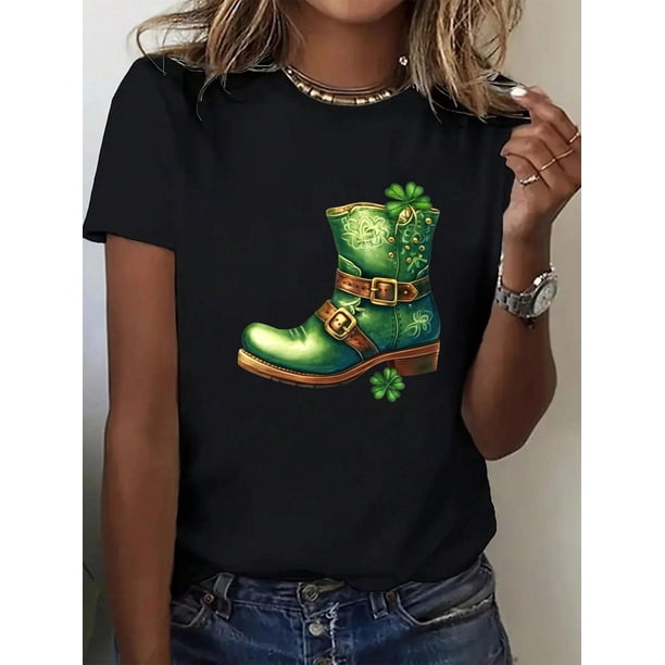 Camiseta de verano para mujer con Cuello RedondoSt. Patrick's Day Print Crew Neck T-Shirt - Fashionable Graphic Print T-Shirt For Women - Casual ShoCamisetas de verano para mujer, manga corta, cuell
