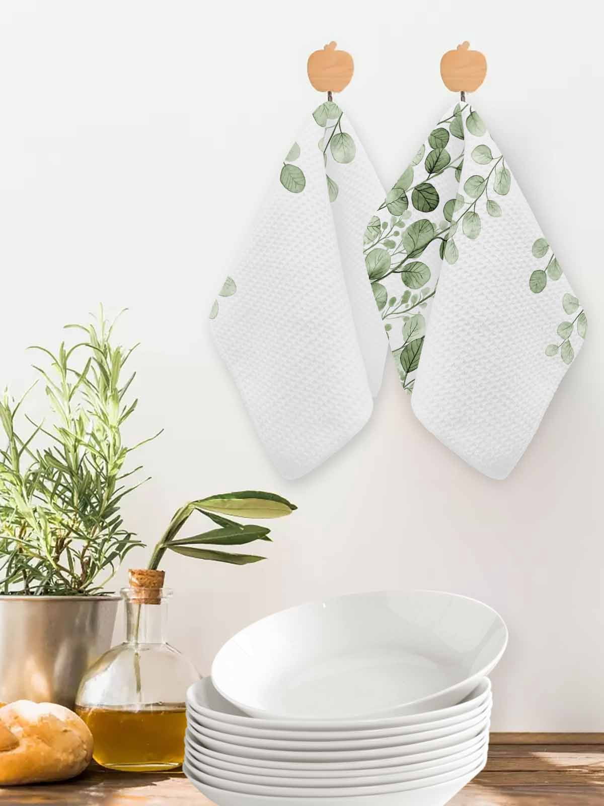 Sage Green Eucalyptus Leaves Dish Towels Set, Waffle Weave Kitchen Towels 3 Pieces, Spring Country Botanical Microfiber Hair Face Bath Tea Towel Absorbent Quick Drying Cleaning Dish Cloths 12"x12"