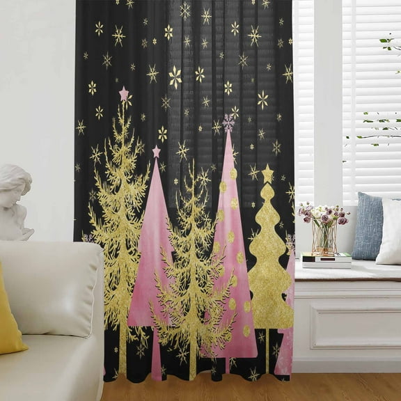 Pink Christmas Tree Semi Sheer Curtains Drapes for Living Room,Bedroom,French Doors Window 72 Inches Long,Gold Winter Snowflakes Xmas Vintage Rod Pocket Chiffon Curtain Drapery Voile Draperies Panel