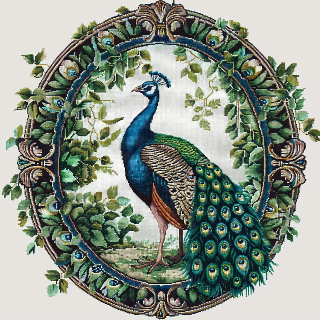 A Peacock in Circle DIY 11CT Stamped Cross Stitch Kits for Beginners Easy Needlepoint Embroidery Counted Cross Stitch Art Craft for Wall Decoration 16x16inch(3)