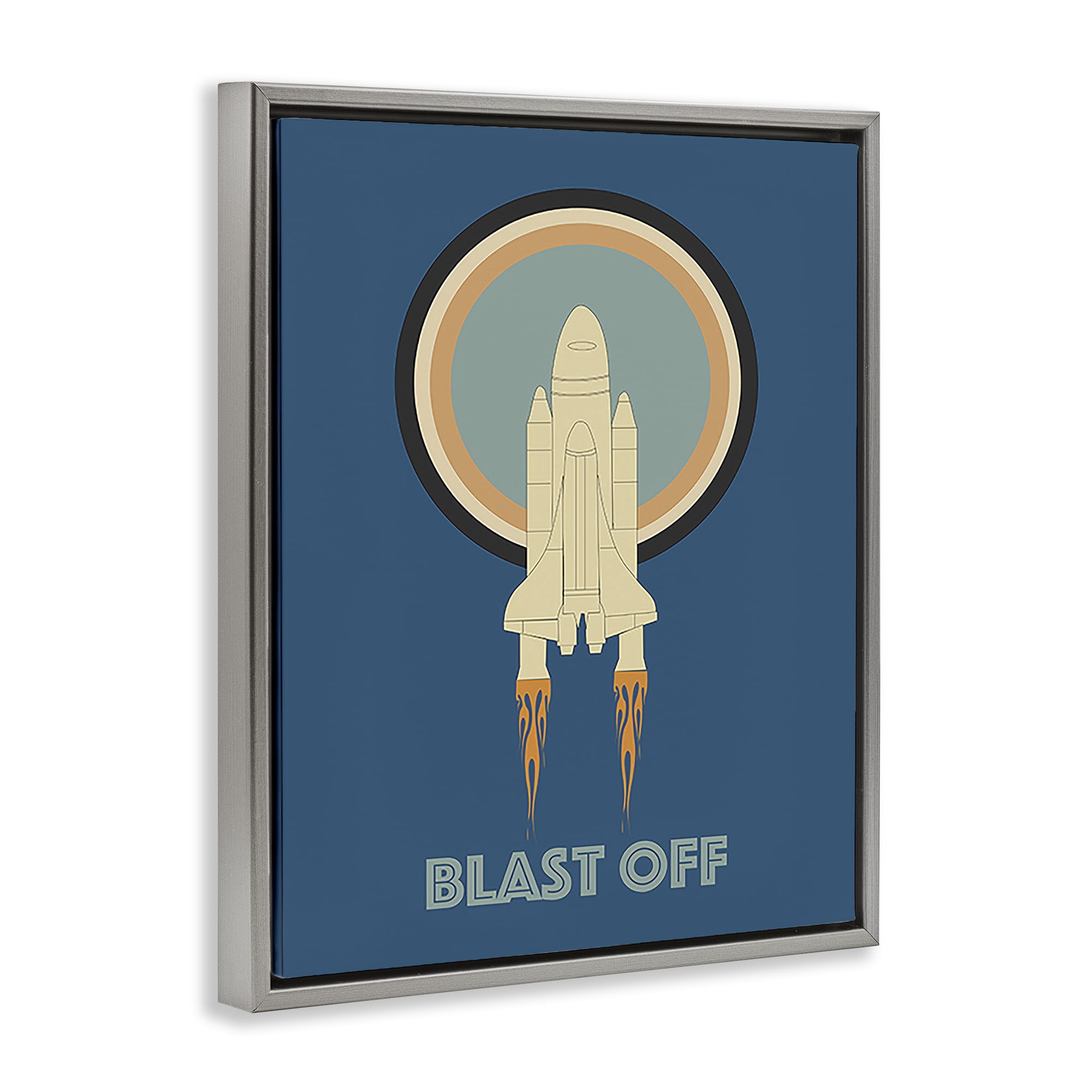 Stupell Industries Blast Off Vintage Rocket Transportation Painting Gray Floater Framed Canvas Art Print Wall Art, 17 x 21