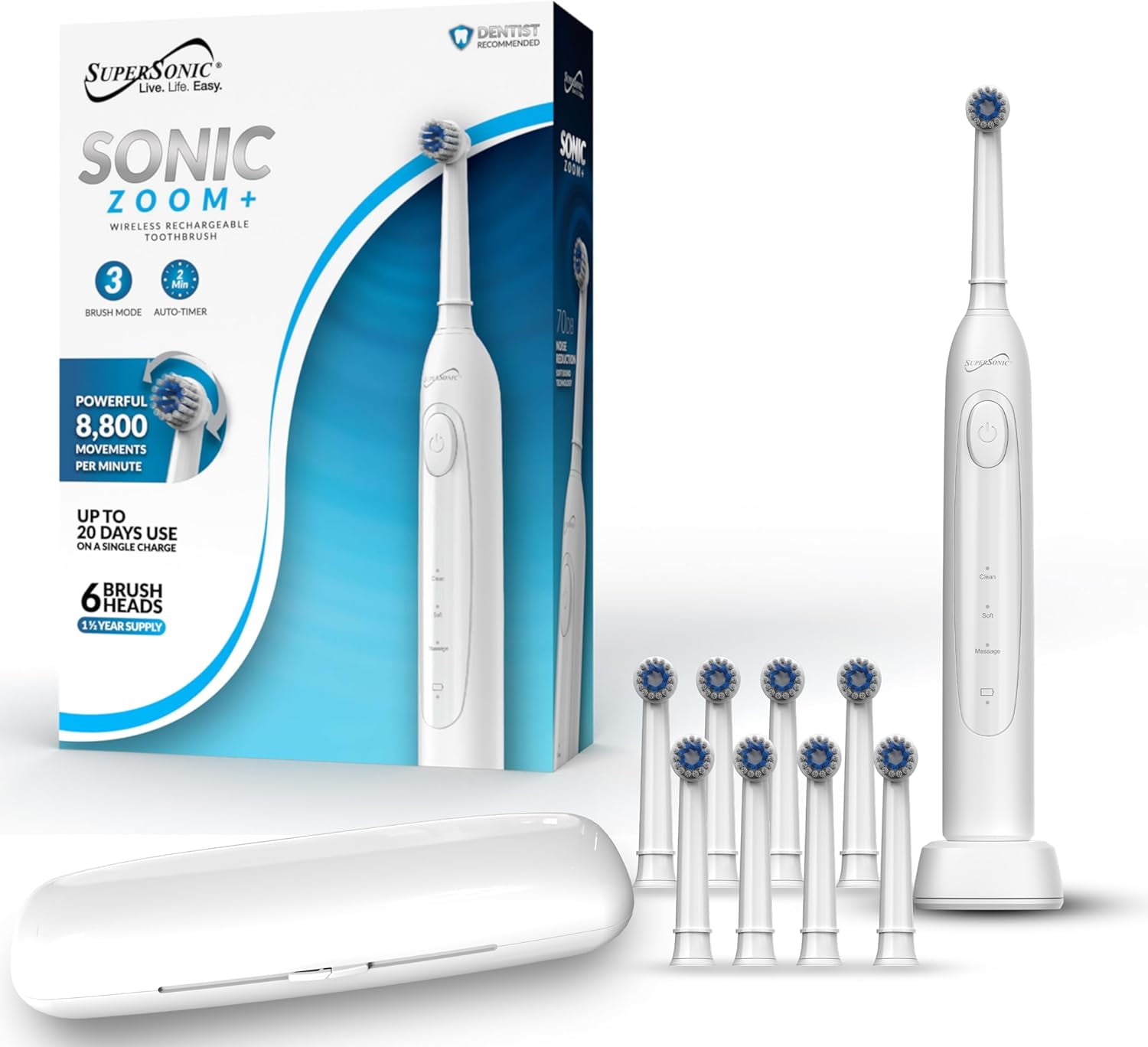 Supersonic TB-1000 Sonic Zoom+ Advanced Rotating Electric Toothbrush 8,800 OPM 3 Modes 6 Brush Heads Wireless Charging Travel Case White