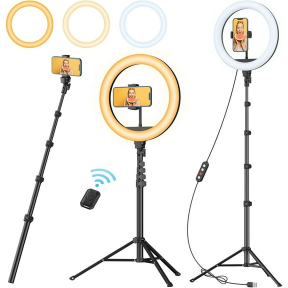 12" Ring Light with 63" extendable Tripod Stand, Selfie RingLight with Phone Holder and Selfie Remote, 2-in-1 Dimmable LED Ring Light for Makeup, Live Stream, Photography