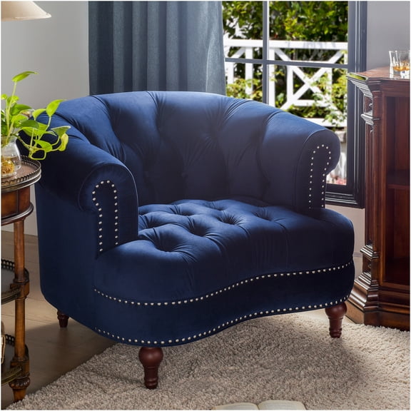 JERFIT Victorian Velvet Accent Chair, Navy Blue Tufted Upholstered Lounge Chair for Living Room, Bedroom