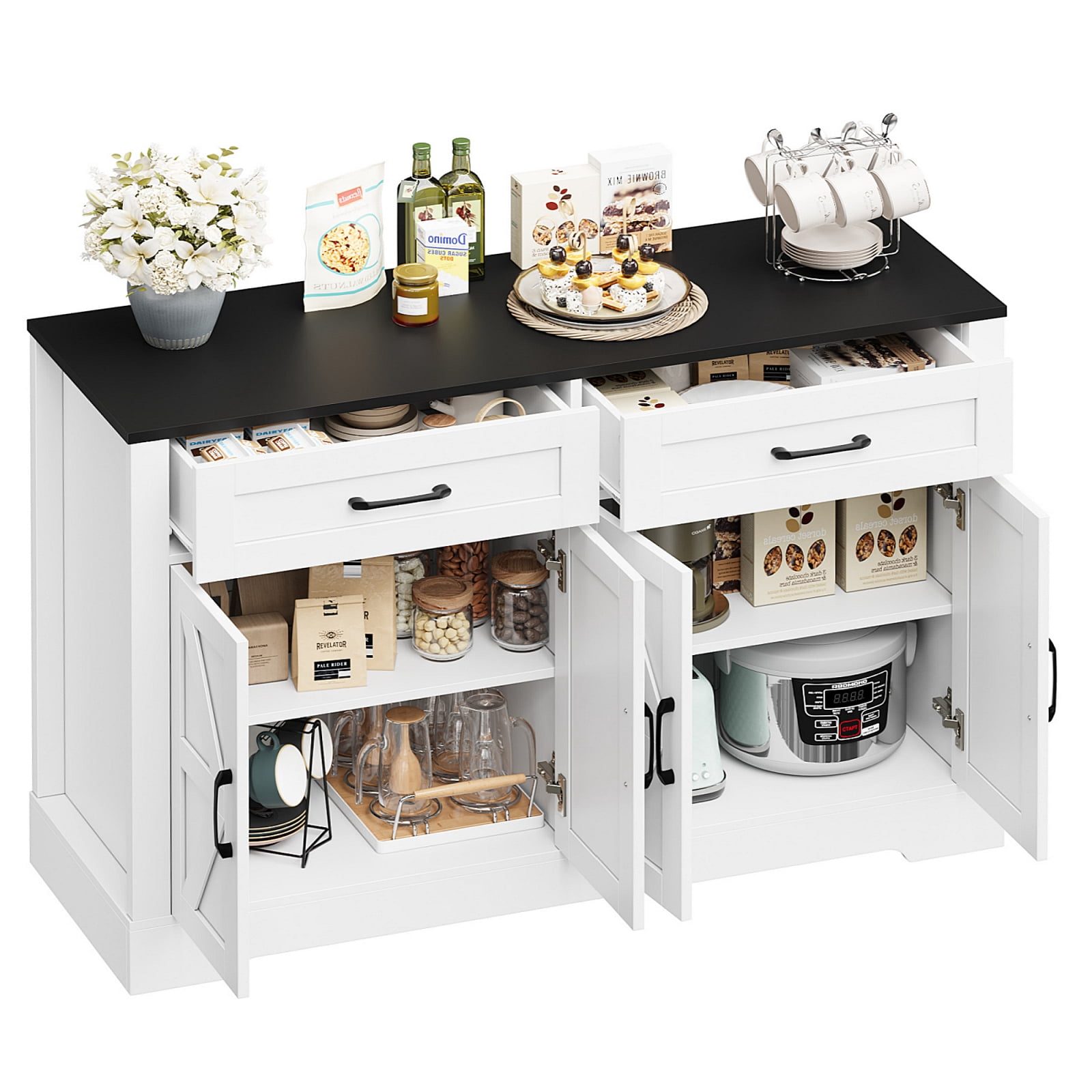 Homfa Buffet Cabinet with 2 Drawers and 4 Doors, Kitchen Sideboard Storage Cabinet, Farmhouse Coffee Bar Cabinet for Dining Room, White & Brown, Black & White