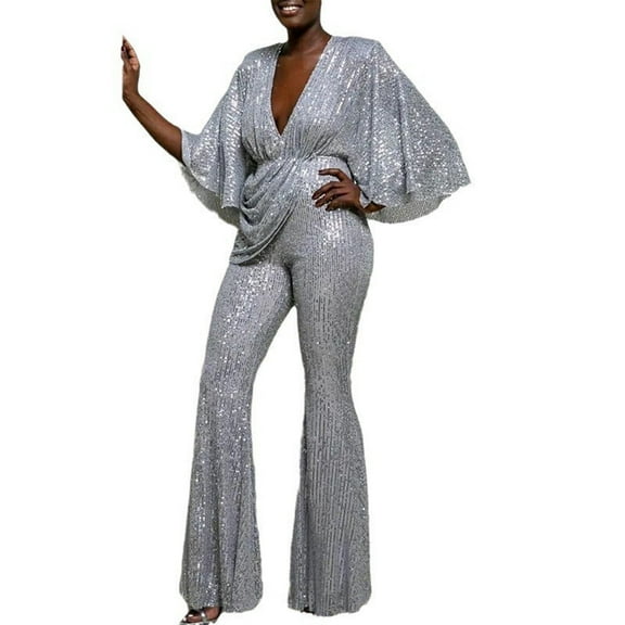 fatyb Sequin Jumpsuits for Women Sparkly Wrap V Neck One-Piece Flare Leg Elegant Party Romper Clubwear