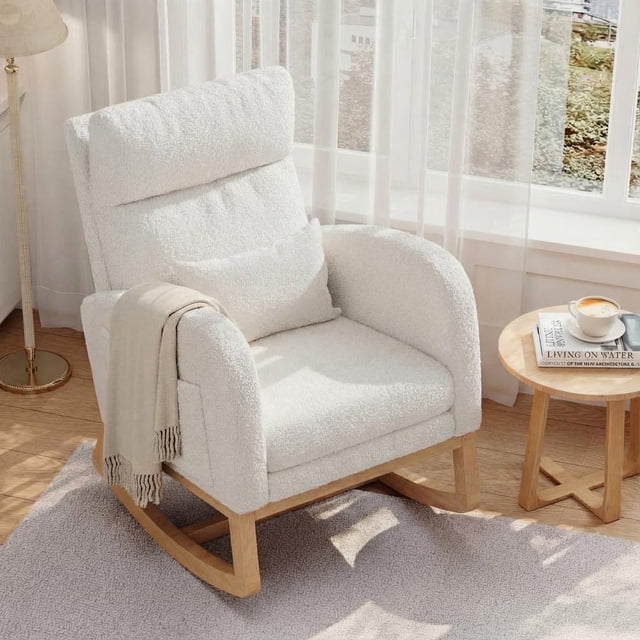 Modern Nursery Rocking Chair, Boucle Upholstered Rocking Chair, Comfortable Rocker Recliner with Side Pocket, Rocker Glider for Living Room, Bedroom, Nursing Room, Beige