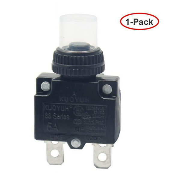 KUOYUH 6 Amp 88 Series Quick Connect Terminals Push-To-Reset Thermal Circuit Breaker with Transparent Waterproof Dust Button Cover – 1 Pack