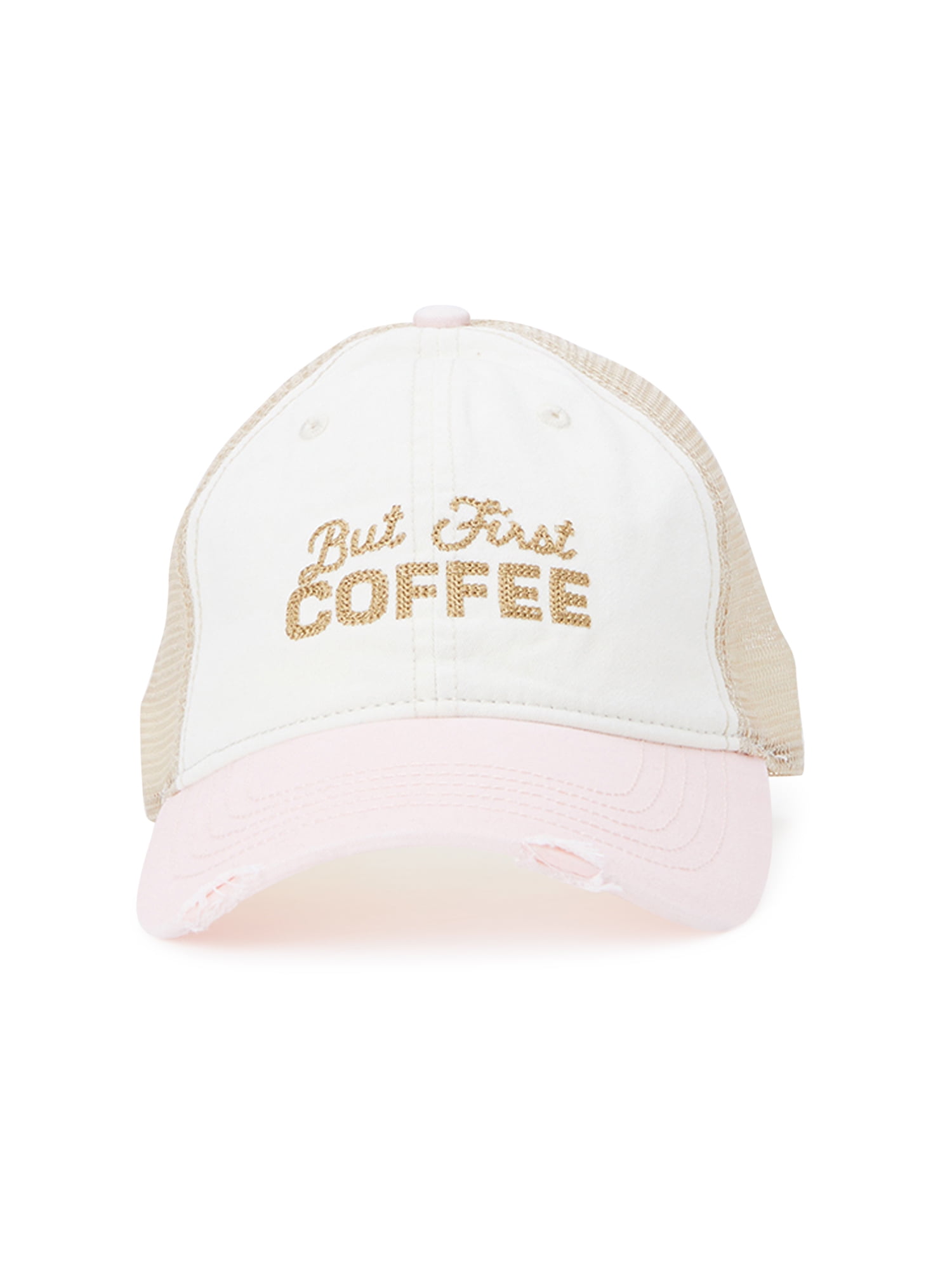 Time and Tru Women's Khaki and Pink Embroidered But First Coffee Washed Cotton Twill Baseball Hat Winter White Coral