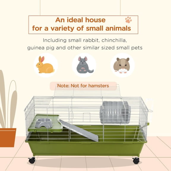 Small Animal Cage with Wheels, 35in Rolling Bunny Cage for Rabbit, Guinea Pig, Chinchilla, Indoor Pet Habitat with Ramp, Platform, Feeder, Water Bottle & Deep Base Tray, Green Small Animal Playpen