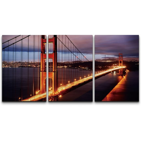 wall26 Canvas Print Wall Art Set San Francisco Night Golden Gate Bridge Nature Cities Photography Realism Contemporary Scenic Colorful for Living Room, Bedroom, Office - 24"x36"x3 PanelsPan