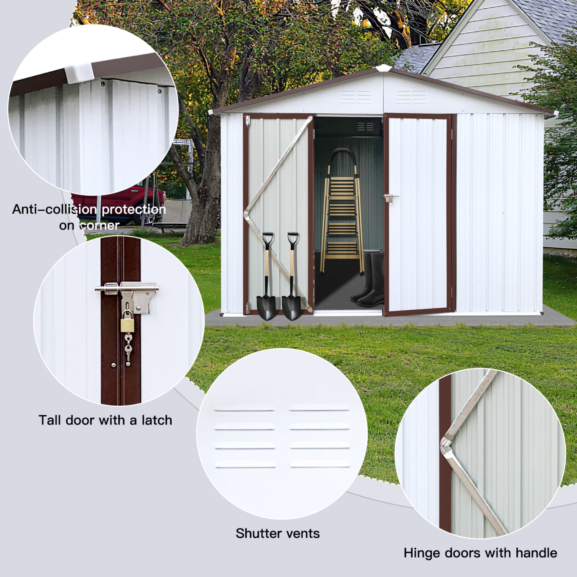 JXXRZ 10x8ft Compact Steel Storage Shed, Weather-Resistant Metal Shed for Garden Tools & Lawn, White&Brown