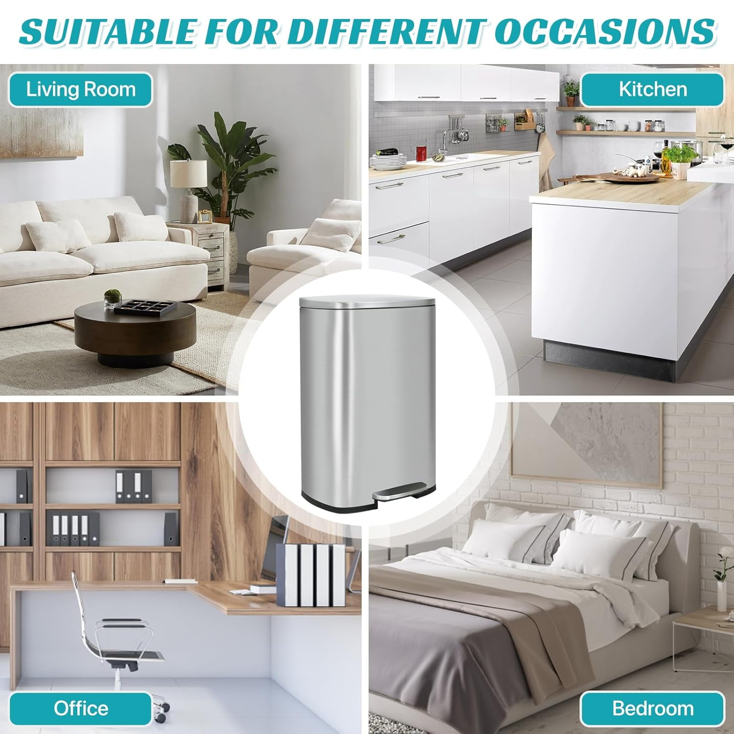 BIQWBIC 13 Gallon Kitchen Trash Can with Soft Close Lid, Foot Pedal and Inner Bucket, Stainless Steel