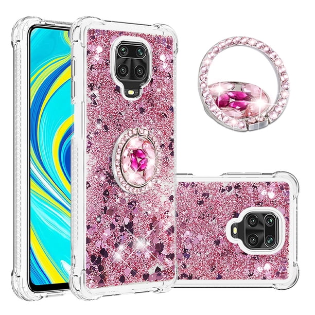 Funda para Xiaomi Redmi Note 9S/Note 9 PRO con Brillo Líquido Flotante, Purpurina, Parachoques y Anillo Giratorio Soporte