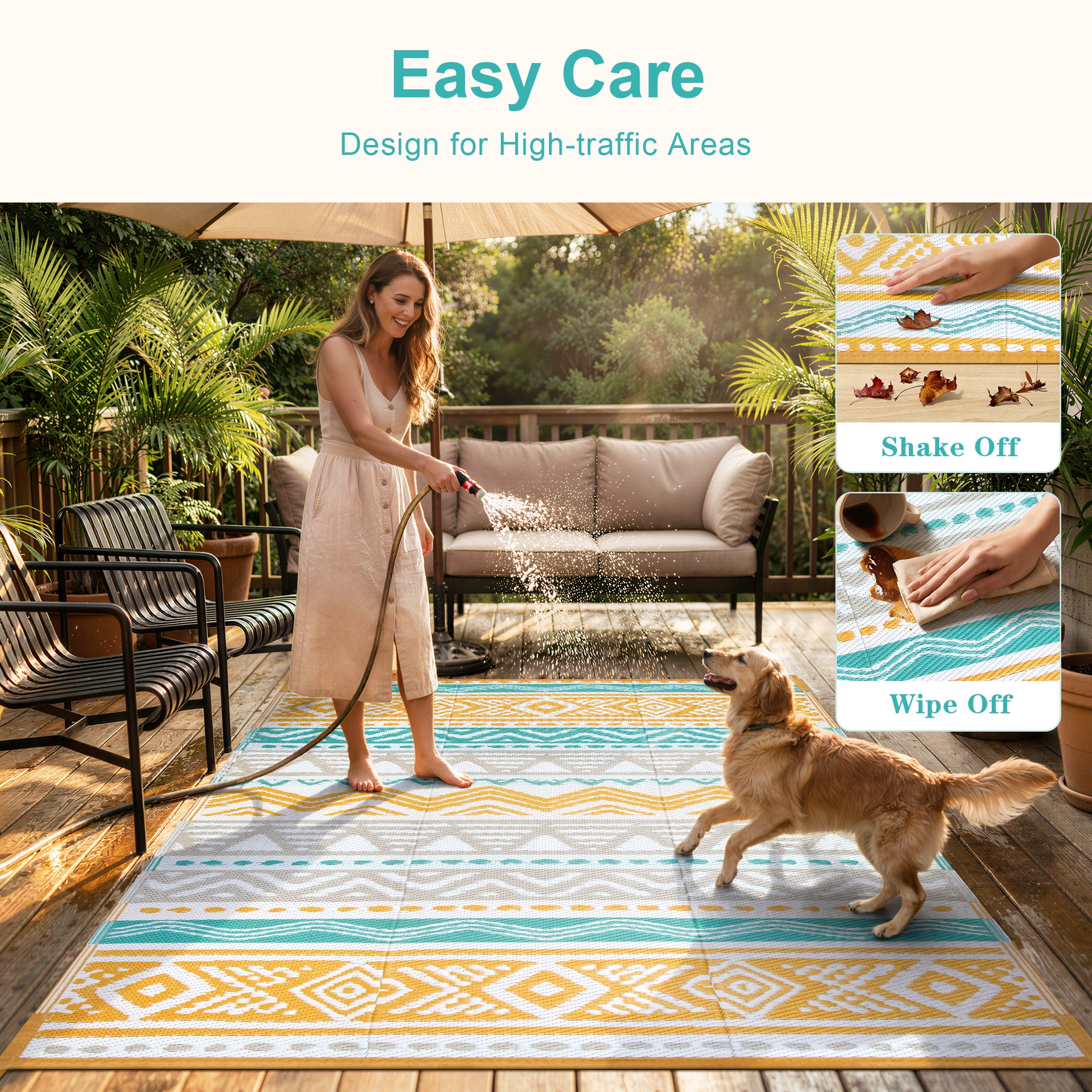 Moynesa Outdoor Rug Waterproof, 4'x6' Lightweight Plastic Straw Rug for Camping RV, Reversible Outside Carpet for Patio Deck Porch Balcony Picnic Tent, Blue/Yellow