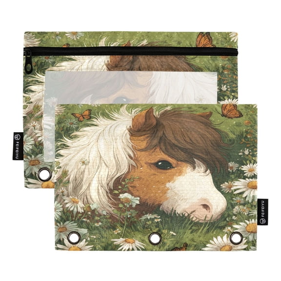 2 Pack 3 Ring Binder Pouch with Clear PVC Window Water Resistant Zipper Pencil Pouch White Anfud Brown R Pony Binder Pocket for Classroom Office Home Stationery Organization