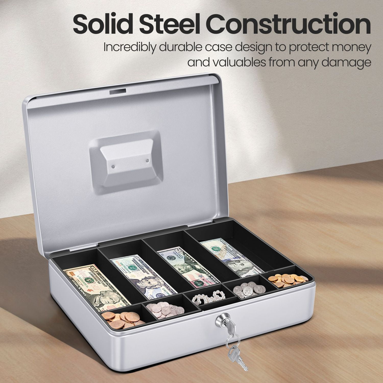 Cash Box with Money Tray and Lock - Metal Cash Box for Small Businesses, 9-Compartment Silver Money Box with Lock and Key for Petty Cash, Checks, Coins, Portable Money Box for Cash Storage