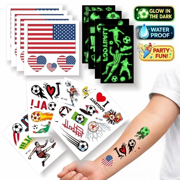 12 Sheets Soccer Temporary Tattoos – Red White Blue Face Stickers, Glow-in-the-Dark & Waterproof Football Tattoos for Kids, Parties & Game Day