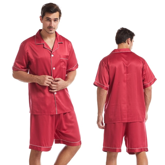 Conjunto de pijama corto de color liso con solapa para hombre, ropa de casa de verano de talla grande, de satén mate, de manga corta y ocio