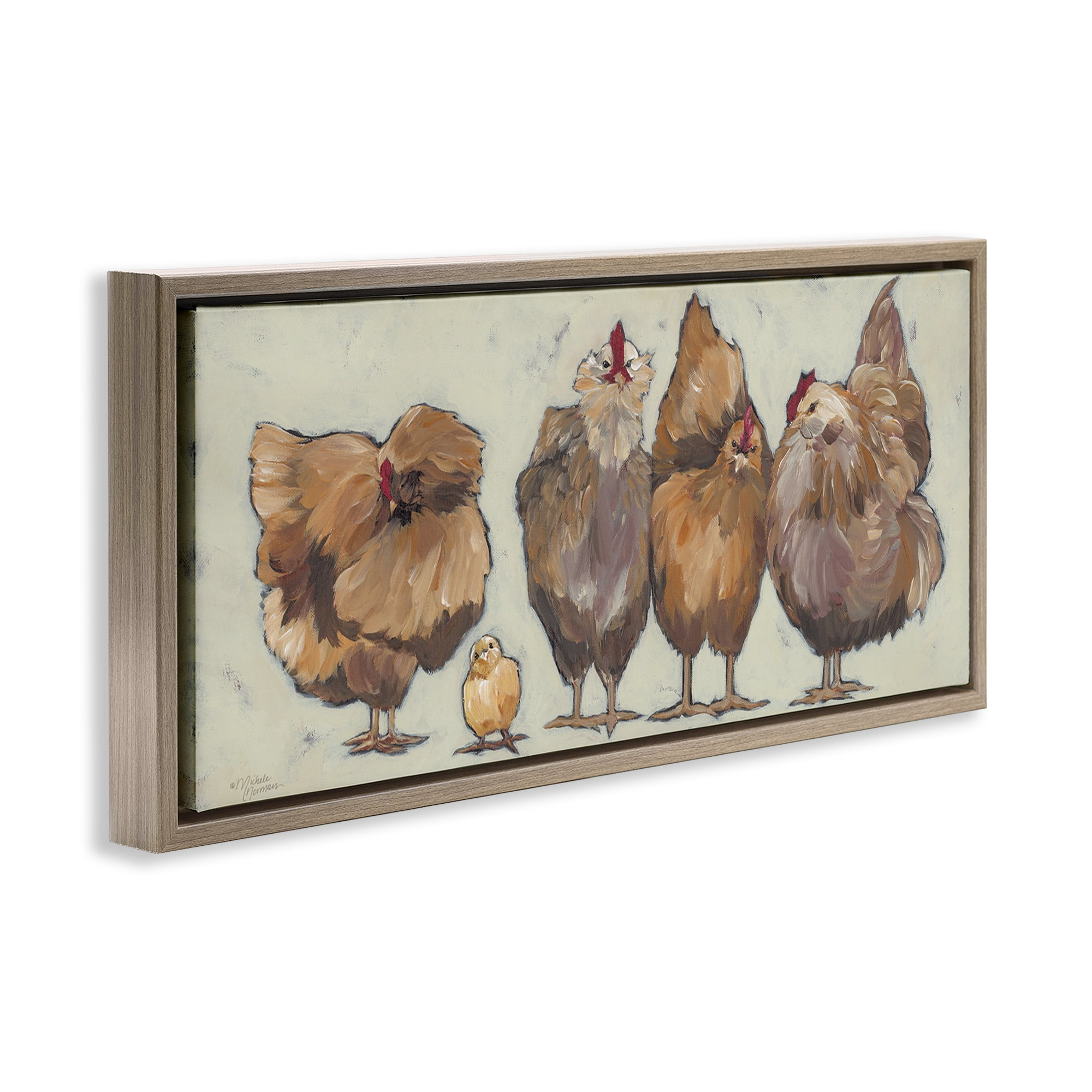 Stupell Industries Brown Hens and Chick Animals & Insects Painting Brown Floater Framed Canvas Art Print Wall Art, 31 x 14