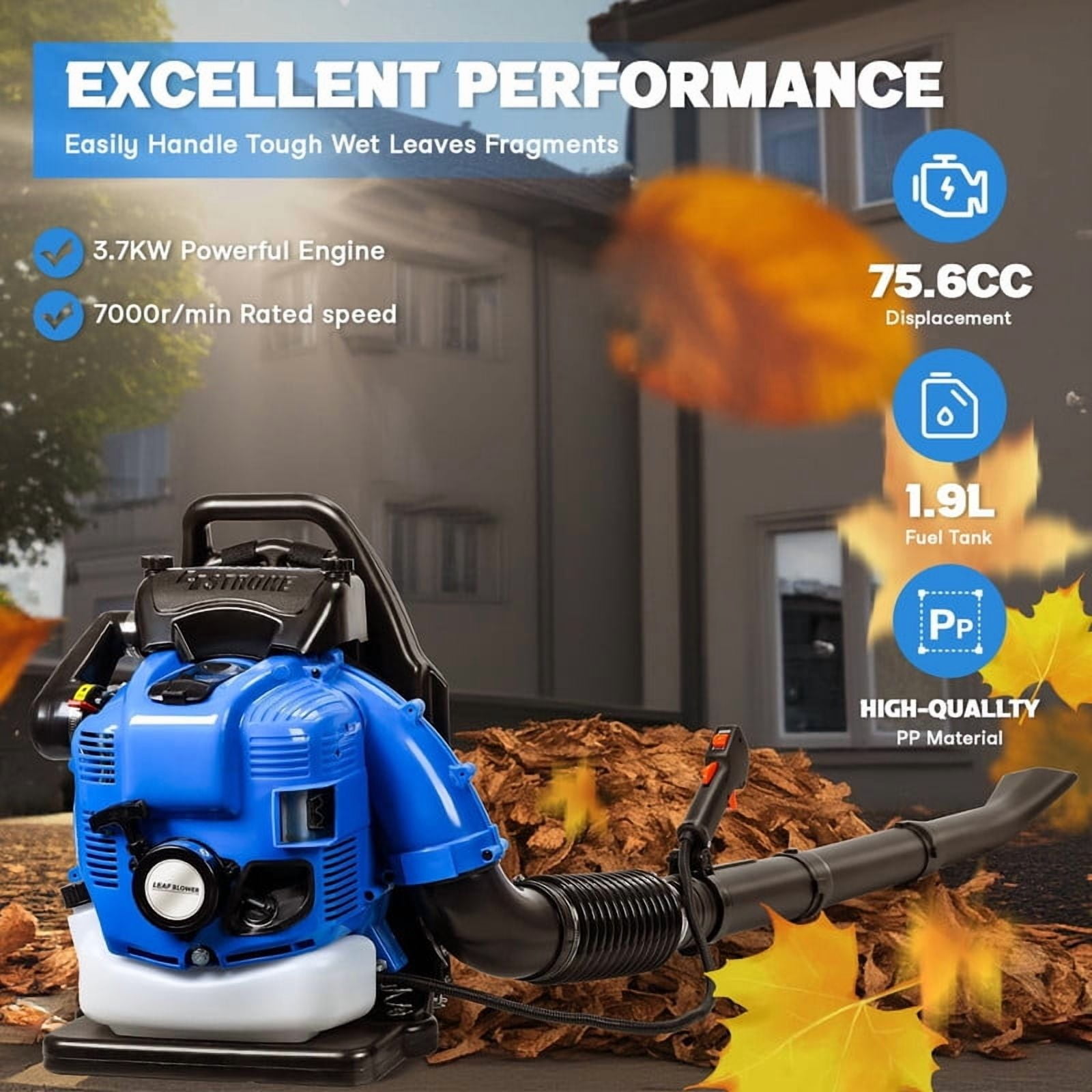 Seipouy 75.6CC Gas Backpack Leaf Blower – 3.5 HP 4 Stroke Gas Leaf Blower, 900 CFM High-Velocity, 210 MPH High Airflow, Powerful Clearing Performance and Ergonomic Harness System