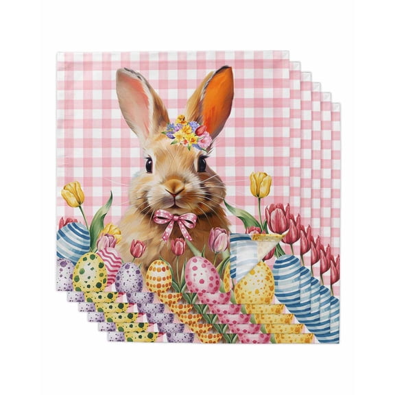Pink Bunny Easter Cloth Napkins Set of 6 Reusable Dinner Napkins, Tulip Spring Floral Eggs Checkered Pastoral Cocktail Napkin Washable Table Napkins for Wedding/Holiday Party/Baby Shower 20"x20"