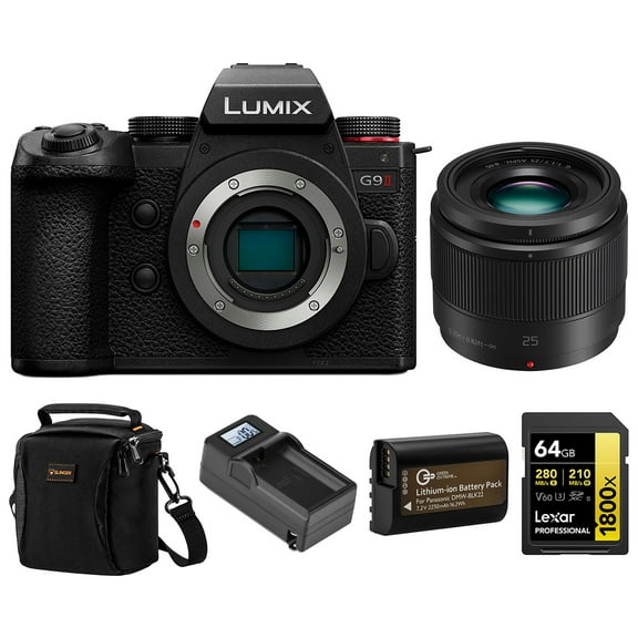 Panasonic LUMIX G9II Mirrorless Camera with LUMIX G 25mm f/1.7 Aspherical Lens, Bundle with 64GB SDXC Memory Card, Shoulder Bag, DMW-BLK22 Battery and Charger