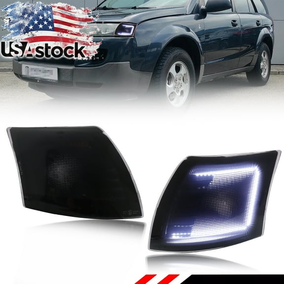 2PCS Smoked Lens Front Corner Parking Light Side Marker Light Turn Signal Light Turn Warning Light with White Full LED For 2002 2003 2004 2005 Saturn Vue