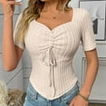 thumbnail image 7 of JGGSPWM Women's Sweetheart Neck Drawstring Ruched Short Sleeve Asymmetrical Hem Knit Tunic Slim Fit Curve Crop Tops Pullover Shirts Beige XL, 7 of 7