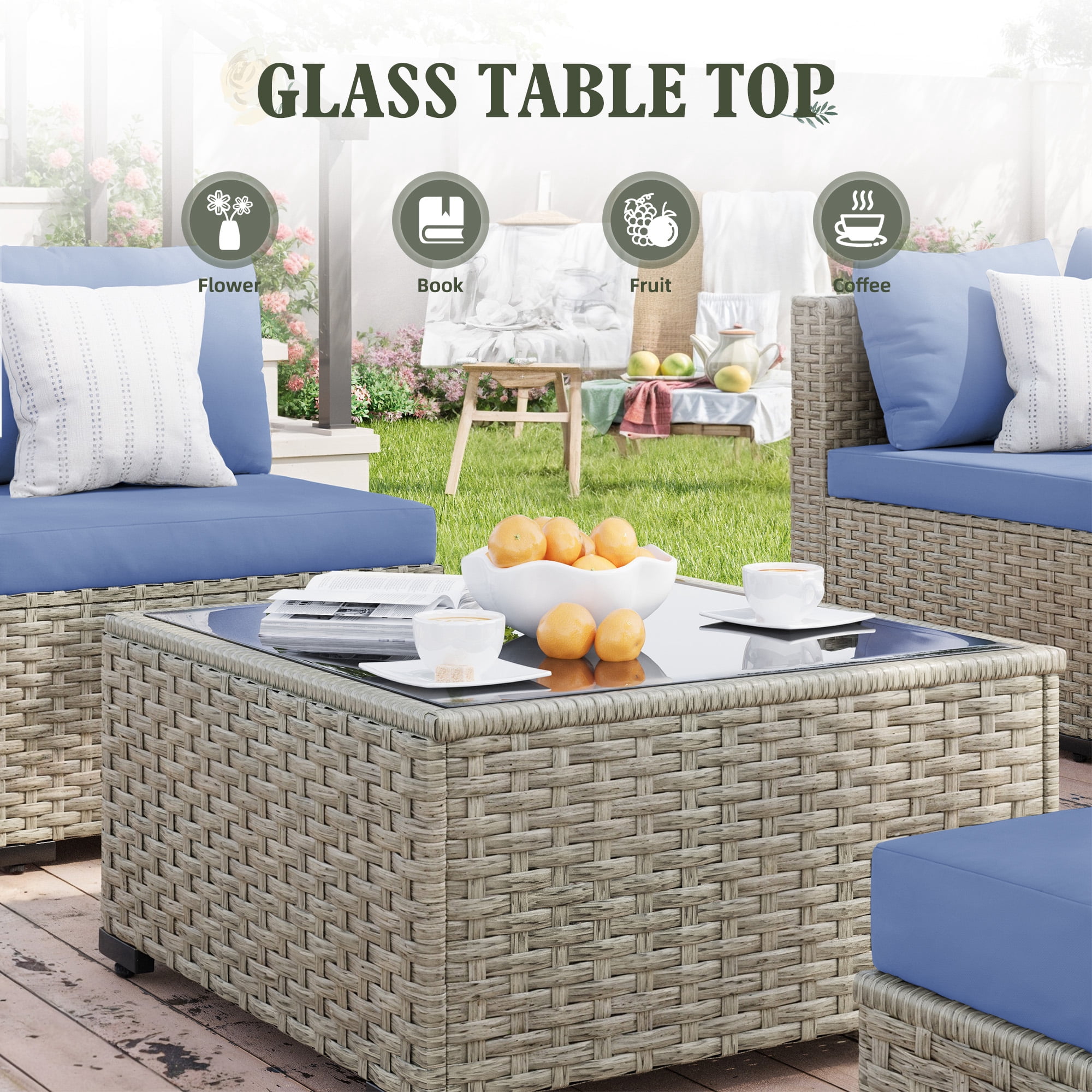 MRUAKA Outdoor Patio Furniture Set, 7-Piece Modular Sectional Sofa With Tea Table and Free Cushion, PE Wicker Outdoor Conversation Set for Patio, Garden, Backyard,Haze Blue