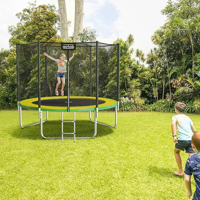 AOTOB 12FT Trampoline for Kids/Adults, Backyard 1400 LBS Trampoline with Safety Enclosure Net/Ladder,Yellow and Green