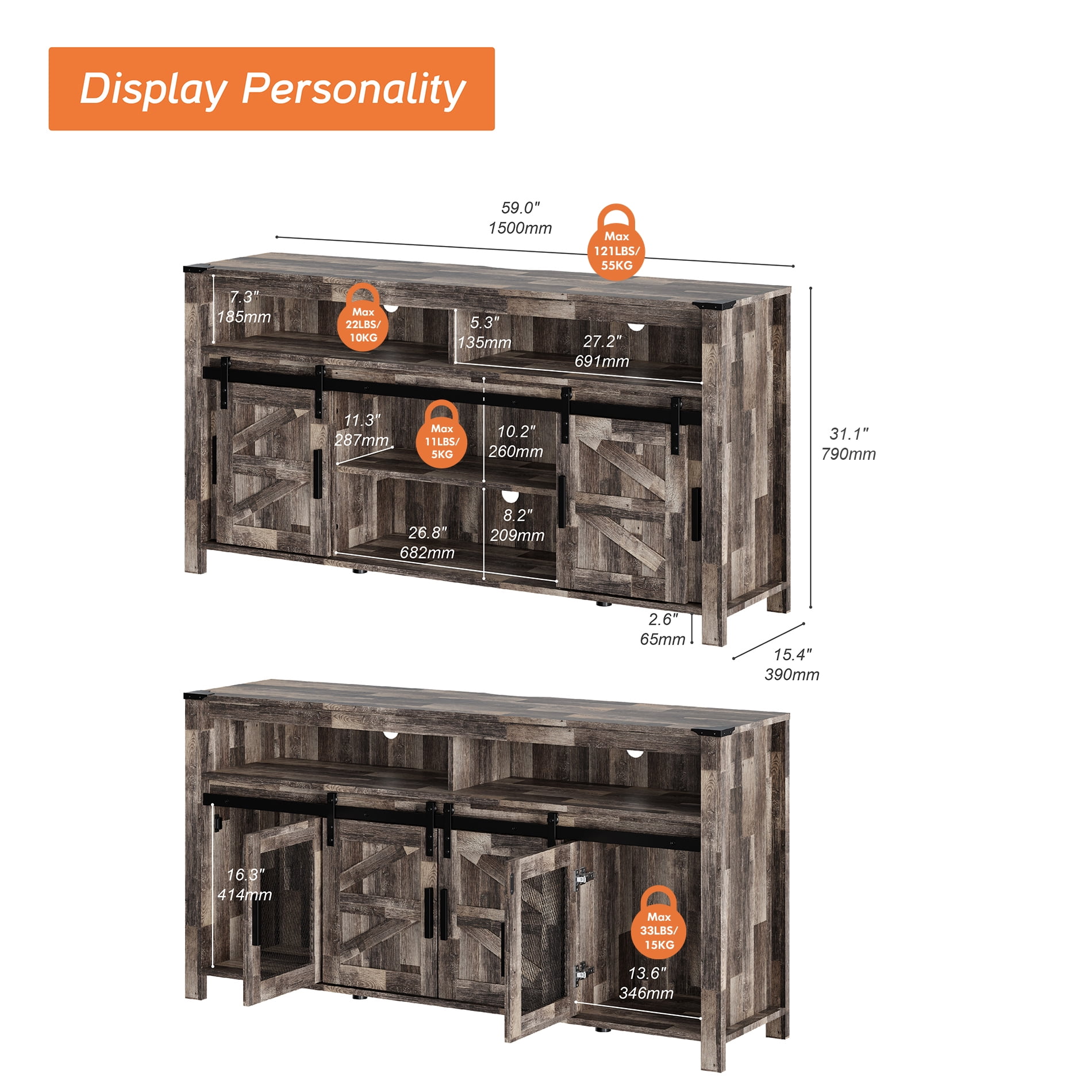 Farmhouse TV Stand with Sliding Barn Doors for 65 Inch TVs, Wood Tall Entertainment Center with Mesh Doors and Blue LED Lights, Dark Rustic Brown