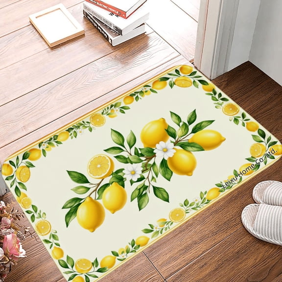 FJPT Non Slip Flannel Polyester Floor Mat Lemon Floral Design For Bathroom Kitchen Bedroom Decor 16x24 inch