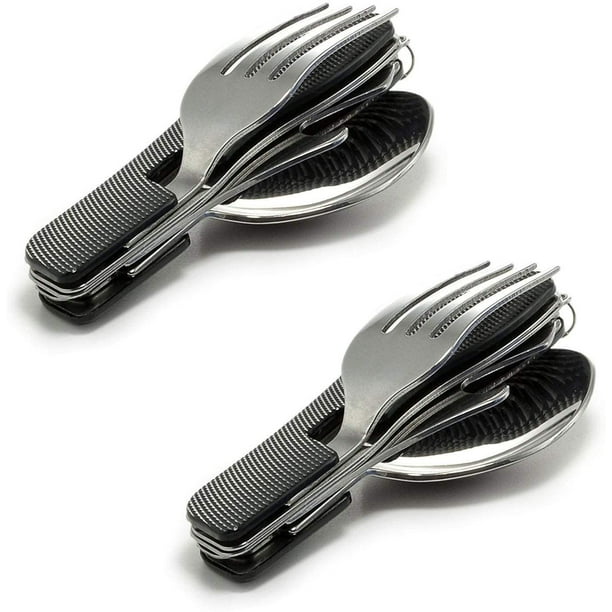 Juego de cubiertos de viaje de 2 piezas, portátil, 4 en 1, con ruedas, mango de aluminio, cuchillo, botella