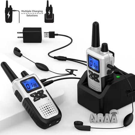 Walkie Talkies for Adults Long Range Rechargeable FCC ID:2ACVFK-10B Portable Two Way Radio with Earpieces for Hiking Camping (Silver 2 Pack)