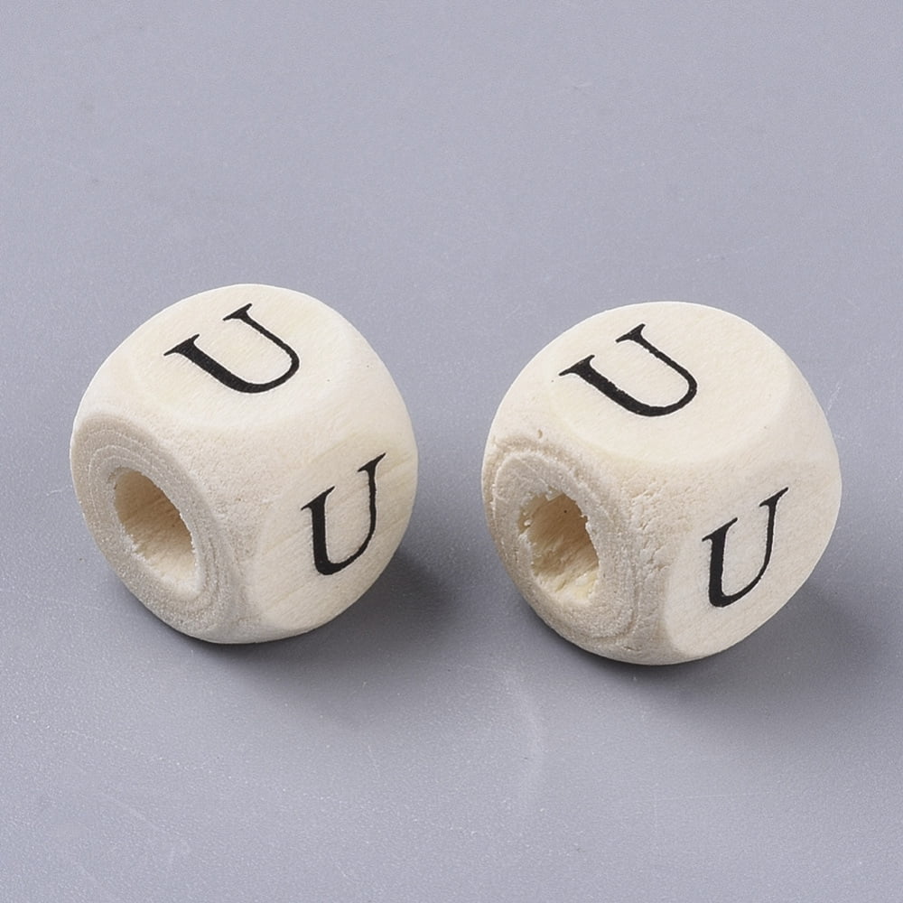 Printed Natural Wood Beads Horizontal Hole Cube with Initial Letter PapayaWhip Letter.U 10x10x10mm Hole: 3.5mm 1000pcs/500g
