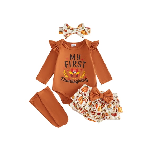 RUINIXCW Newborn Baby Girl My First Thanksgiving Outfit Infant Baby Girl Fall Winter Clothes Cute Turcky Letter Print Flying Sleeve Romper Ruffled Skirt Headband Leg Warmers Set