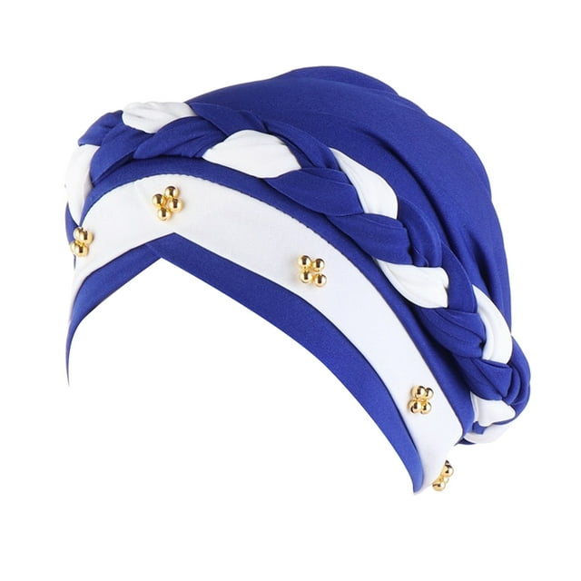 PMVFHDE Women Ruffle Turban Wrap Cap With Pearl Beading Solid Color Hats For Women Dark Blue