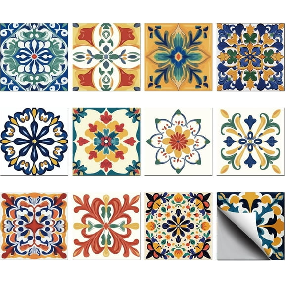 36PCS Mosaic Style Peel and Stick Tile Stickers Bohemia Mediterranean Style Removable Tile Wallpaper Self Adhesive Wall Decals for Kitchen Bathroom Wall Furniture 4x4 Inches Colorful DIY