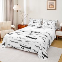 Homewish Retro Sirplane Twin Sheet Sets,Vintage Aircraft Theme Twin Fitted Sheet,White Black Gray Flat Sheet For Boys Teens,Super Cozy Room Decor,3-Piece