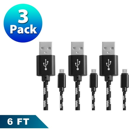 Insten 3-Pack 6Ft Durable Nylon Braided Micro USB Fast Charging Sync Data Cable Charger 6' Long Power Cord for Android Phone Cell Smartphone Tab Tablet