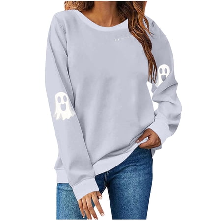 JTZGDY Spooky Season Funny Ghost Print Sweatshirts for Women Halloween Long Sleeve Crewneck Graphic T-Shirts Lightweight Pullover Tops Loose Fit Casual Sweaters Gray XXL
